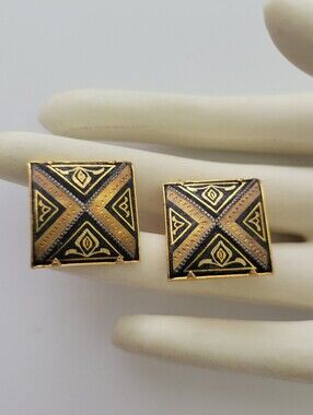 Vintage Damascene Mens Cufflinks Gold Plated Black